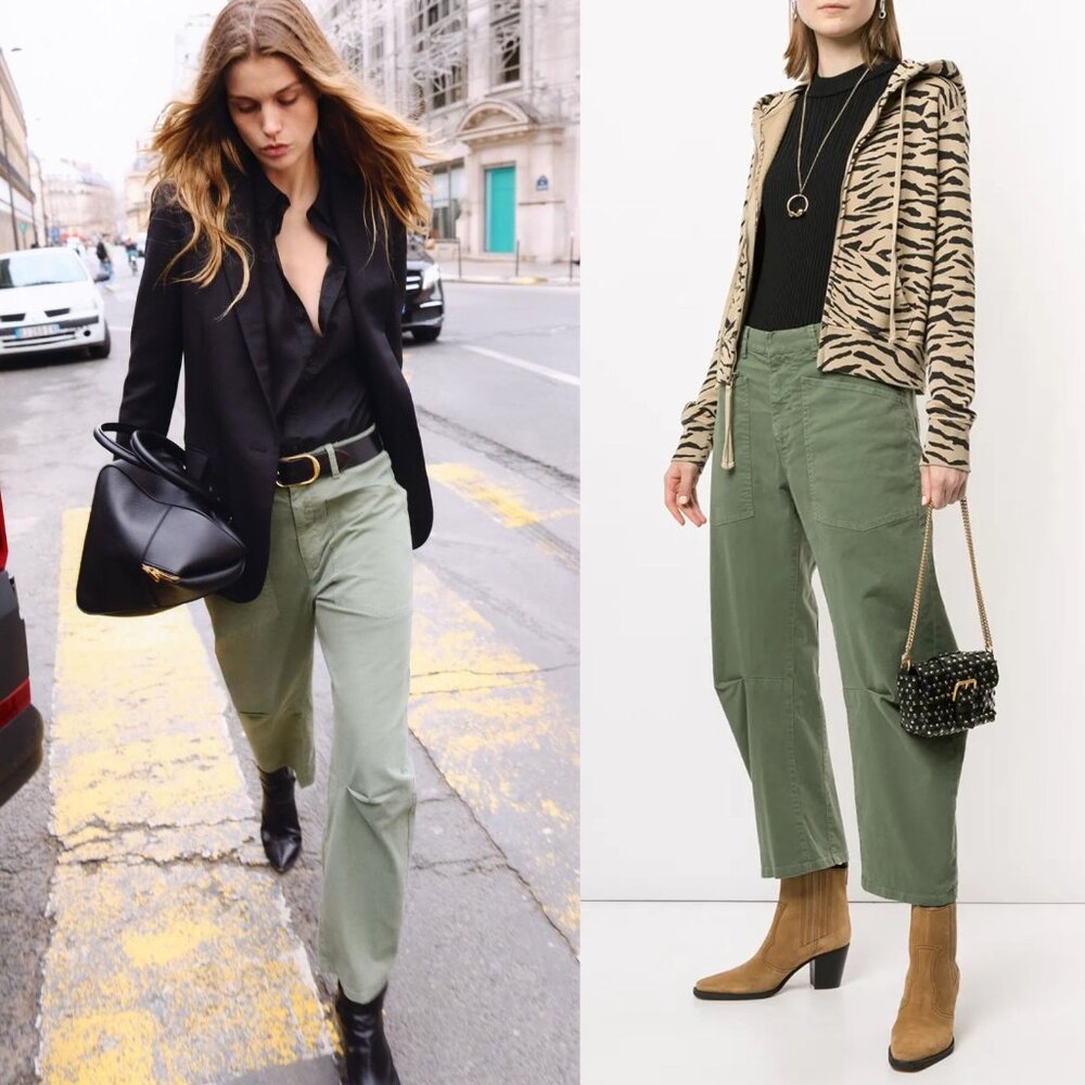Nili Lotan Shon Pant Camo Green Twill Cotton Barrel Leg Cropped Hemmed Size 0 - Picture 10 of 10